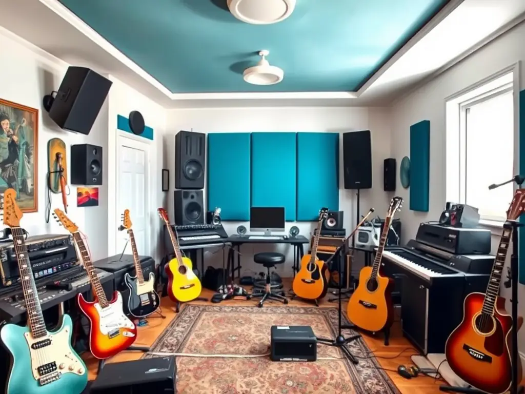 A spacious, soundproof rehearsal room with musical instruments and professional audio equipment, bathed in natural light, showcasing BHM BLOCK 'HOUSE's commitment to providing high-quality facilities for musicians.