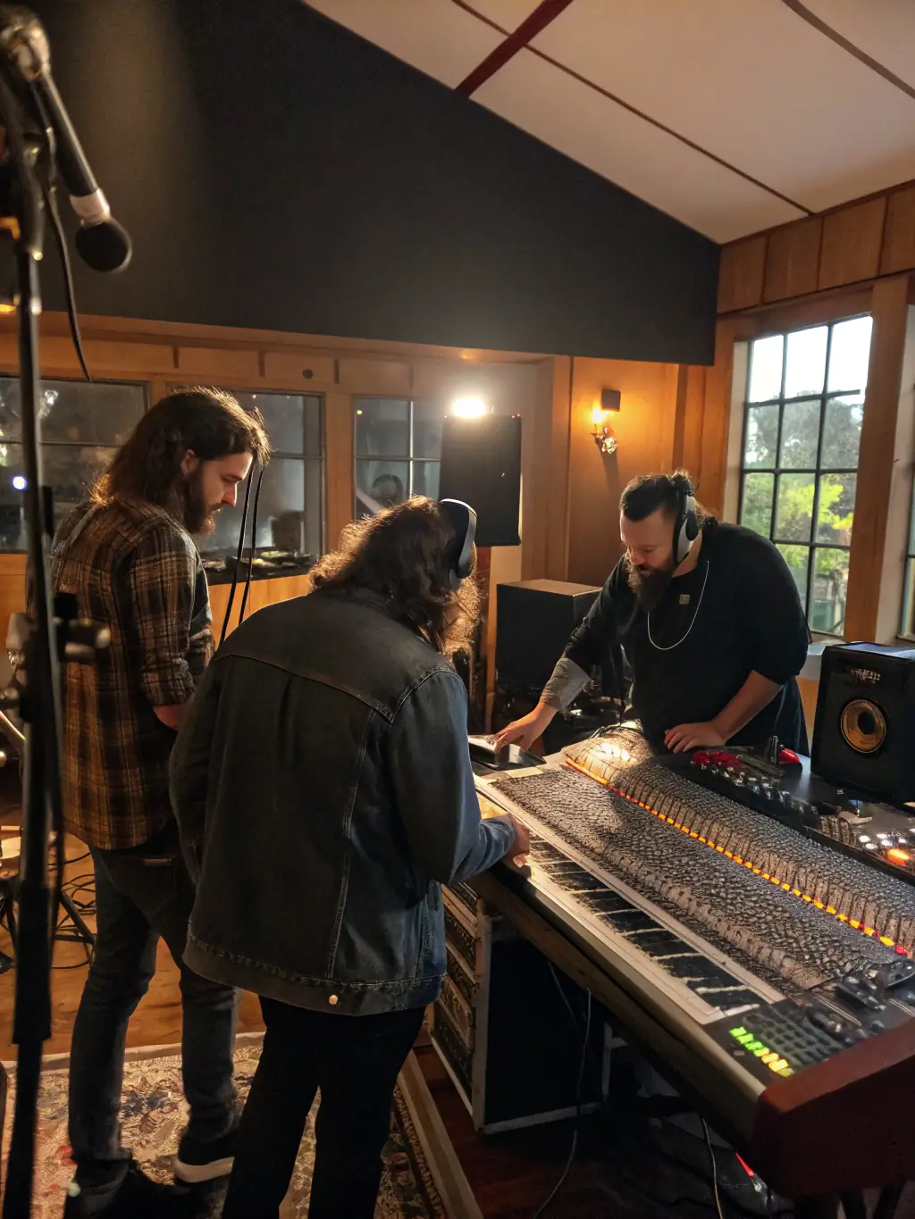 A group of musicians participating in a music production workshop, learning about recording techniques and software at BHM BLOCK 'HOUSE.