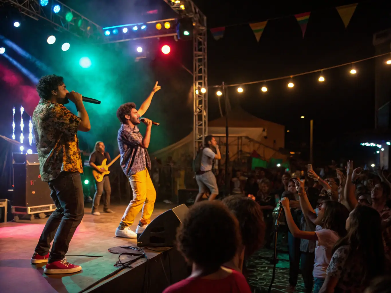 A vibrant scene from a live music event hosted by BHM BLOCK 'HOUSE, featuring a local band performing on stage in front of an enthusiastic audience. The atmosphere is lively and inclusive, showcasing the organization's commitment to promoting local talent and cultural engagement.