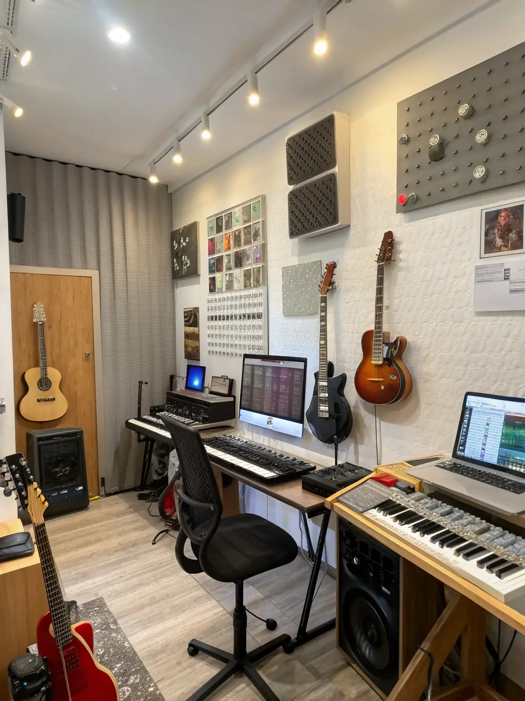 A well-lit, acoustically treated rehearsal room with various musical instruments, including a drum set, guitars, and keyboards, set up for a band practice session at BHM BLOCK 'HOUSE.