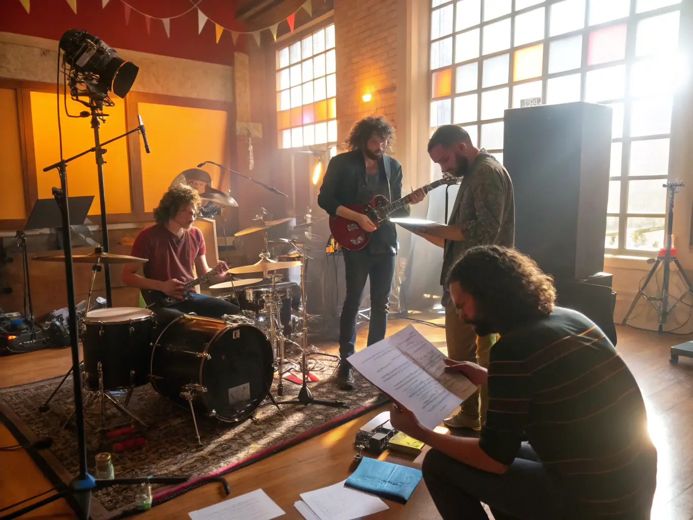 A brightly lit, acoustically treated rehearsal space with various musical instruments, including drums, guitars, and keyboards, set up for a band practice session. The atmosphere is energetic and collaborative, reflecting the supportive environment BHM BLOCK 'HOUSE provides for musicians.