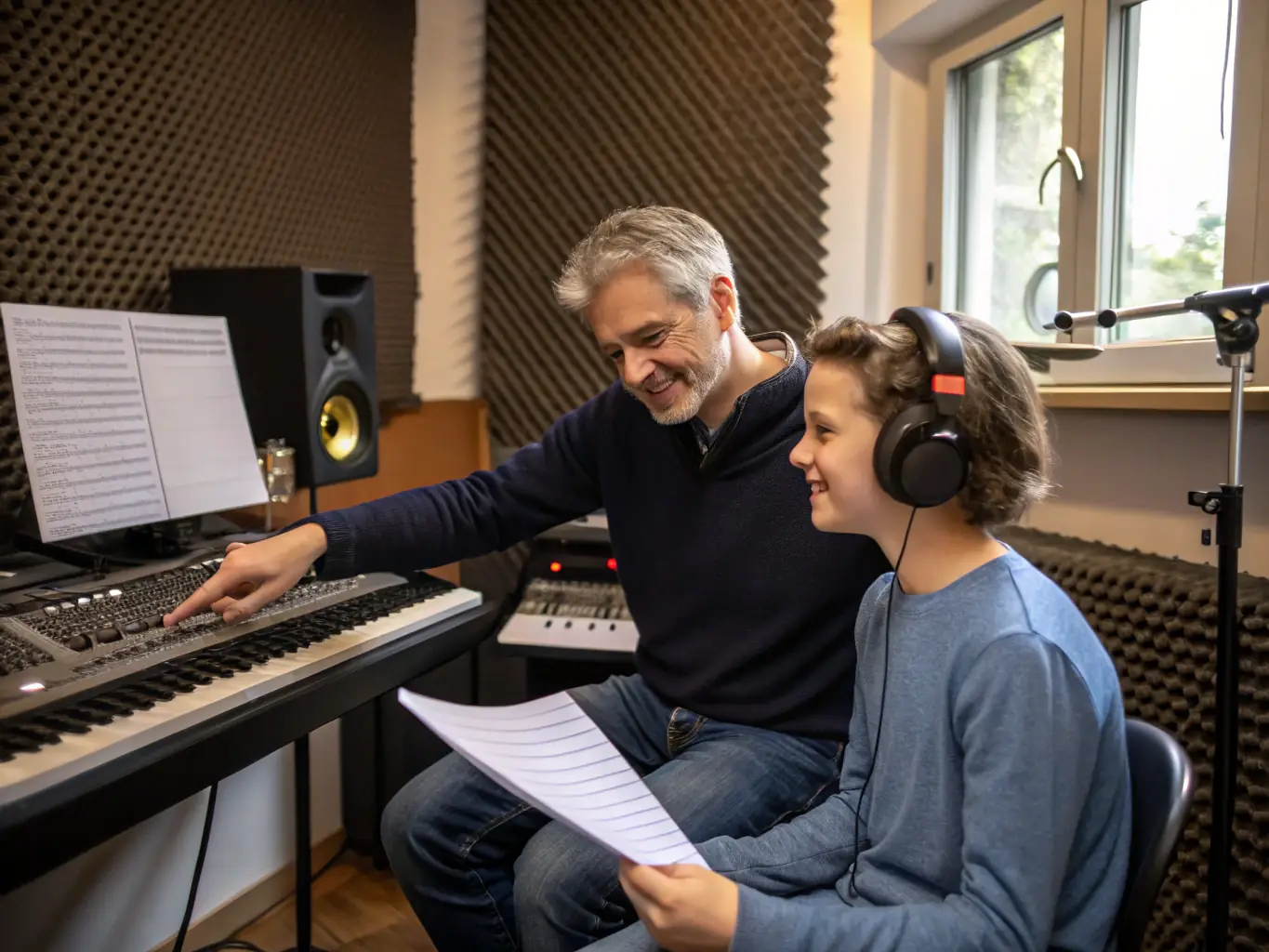 A mentor providing guidance to a young musician during a workshop, with musical instruments and recording equipment in the background, symbolizing the artistic support offered by BHM BLOCK 'HOUSE.