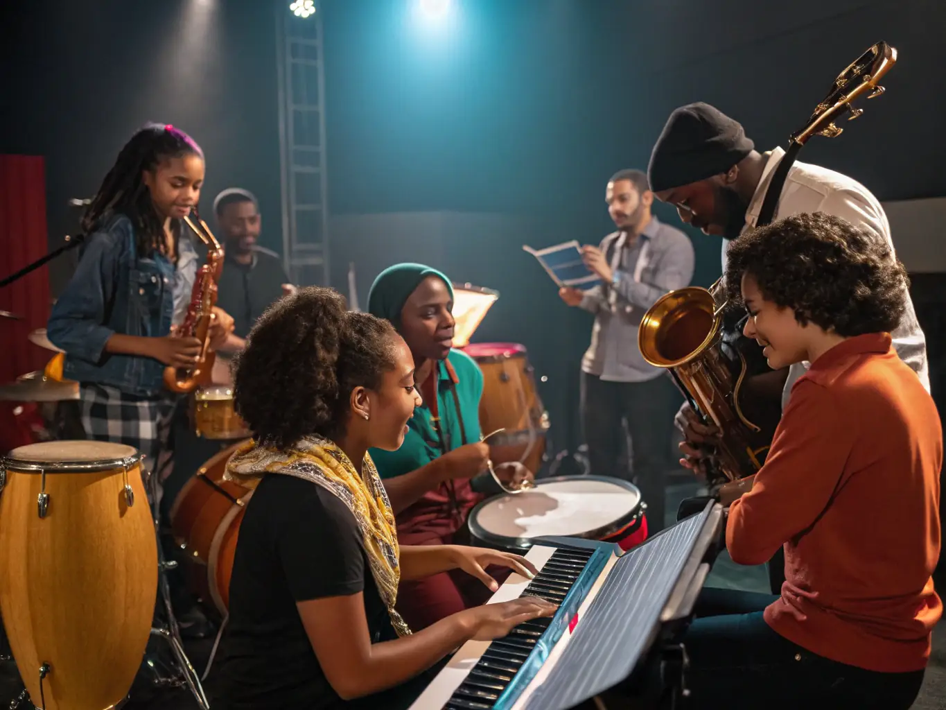 A diverse group of musicians participating in a music workshop, led by a professional instructor. The workshop focuses on a specific aspect of music, such as songwriting or performance techniques. The atmosphere is engaging and interactive, fostering skill development and artistic growth within the community.