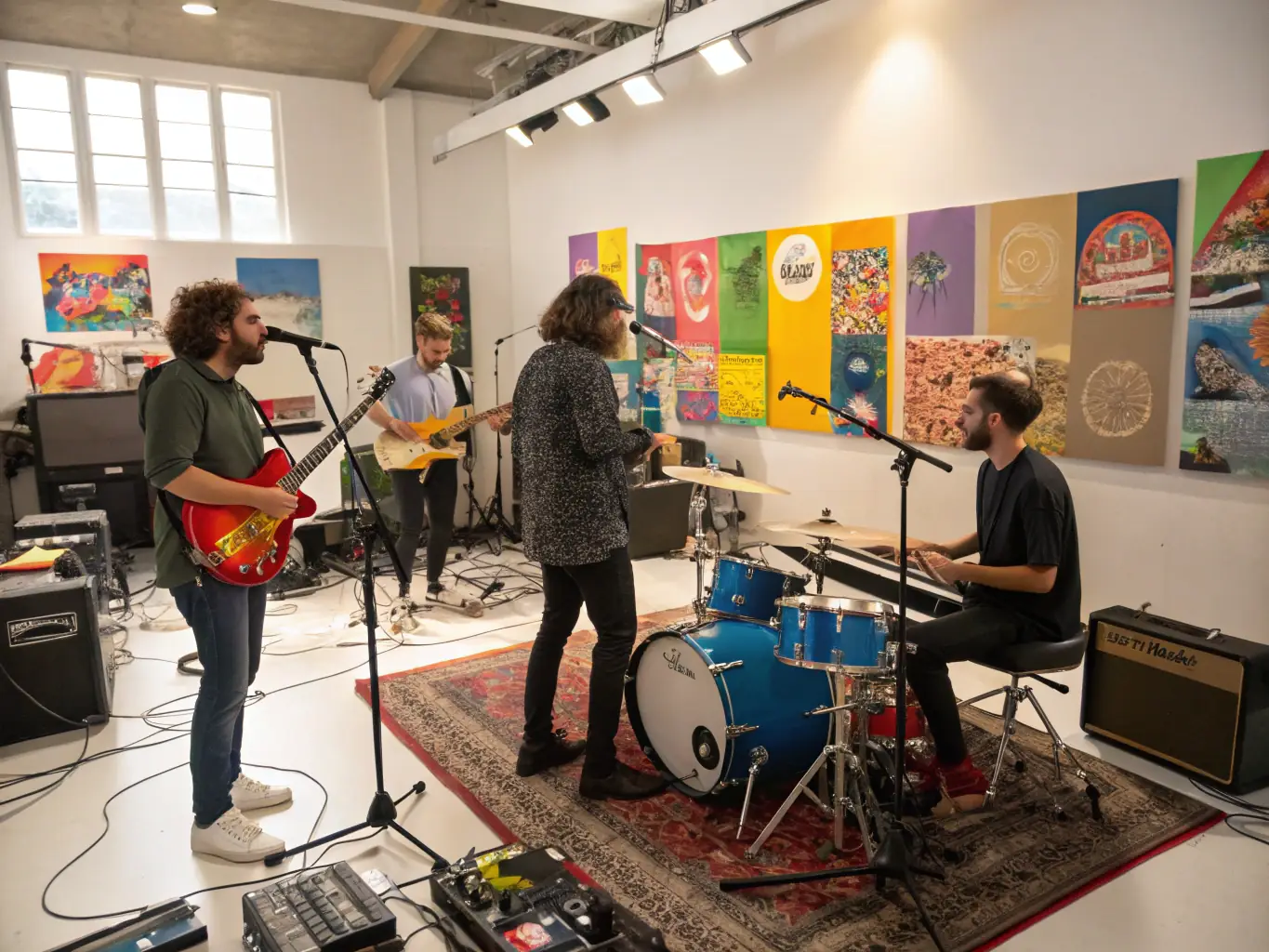A group of musicians collaborating and rehearsing in a spacious, well-equipped rehearsal room, with a focus on their interaction and the musical instruments.