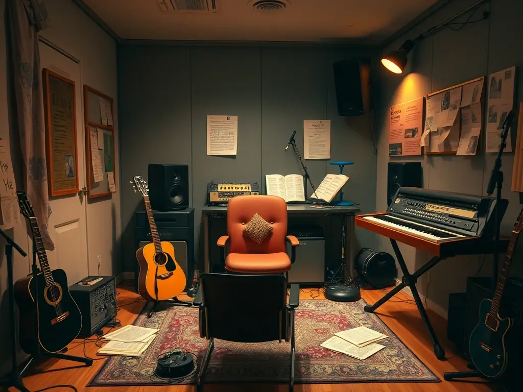 A well-lit, acoustically treated rehearsal space with various musical instruments, including drums, guitars, and keyboards, set up for a band practice session. The atmosphere is energetic and collaborative, reflecting the supportive environment BHM BLOCK 'HOUSE provides for musicians.