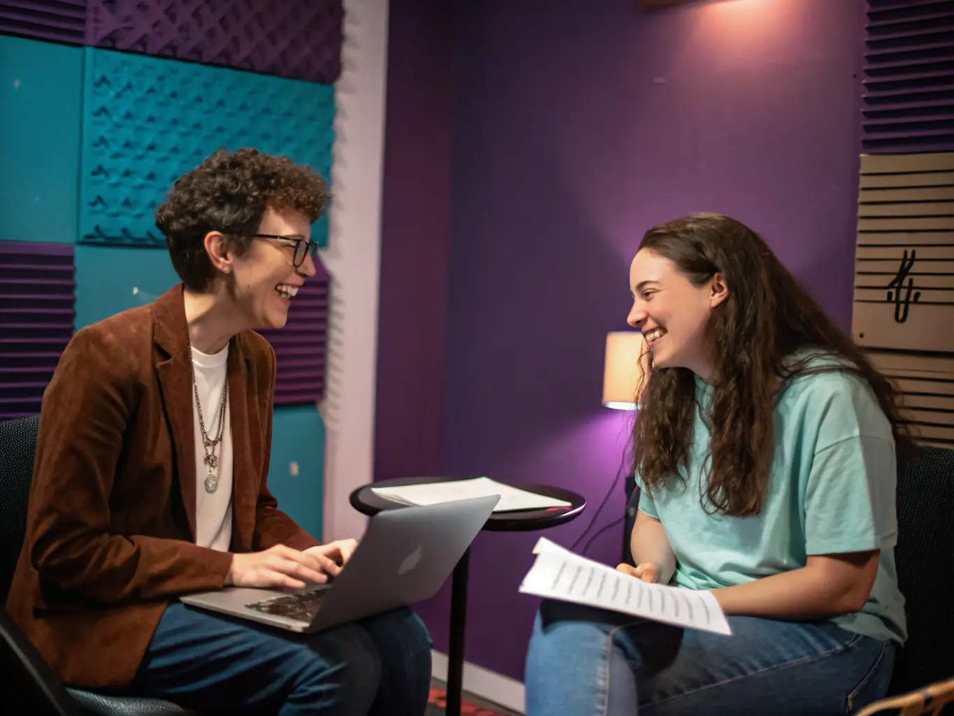 A musician receiving guidance from an experienced mentor in a recording studio setting. The mentor is providing feedback on the musician's composition, highlighting areas for improvement and offering creative suggestions. The scene captures the essence of artistic support and mentorship provided by BHM BLOCK 'HOUSE.