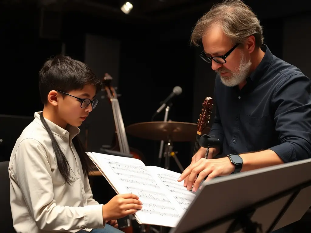 A mentor providing guidance to a young musician during a workshop, with musical instruments and recording equipment in the background, illustrating BHM BLOCK 'HOUSE's dedication to artistic development.