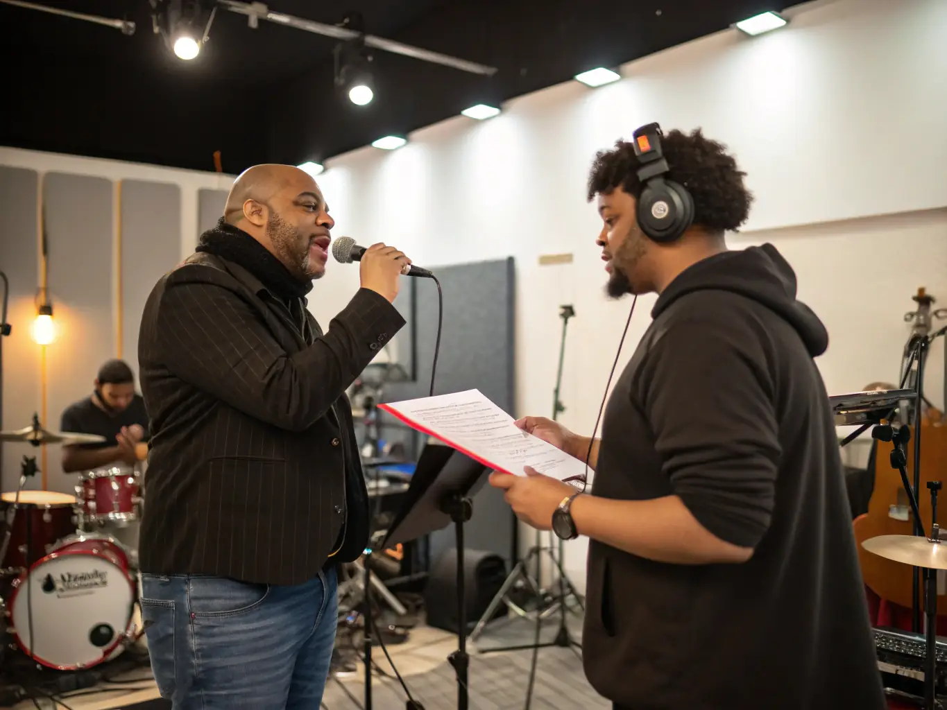 A musician receiving personalized guidance from an experienced mentor in a recording studio setting. The mentor is providing feedback on the musician's vocal performance, highlighting areas for improvement and offering encouragement.