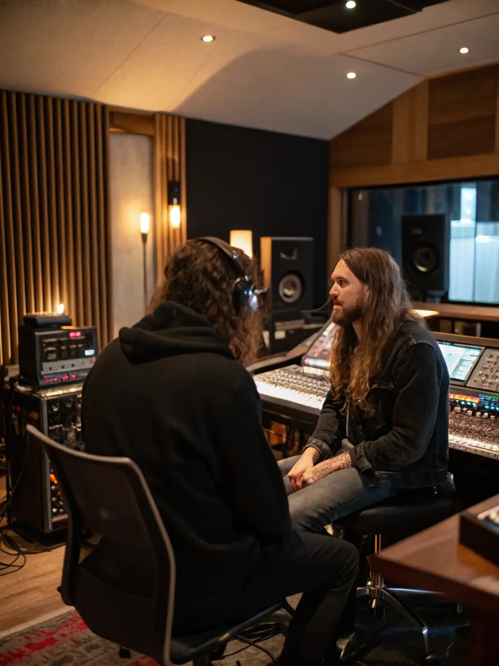 A musician receiving personalized feedback and guidance from a mentor in a recording studio setting at BHM BLOCK 'HOUSE.