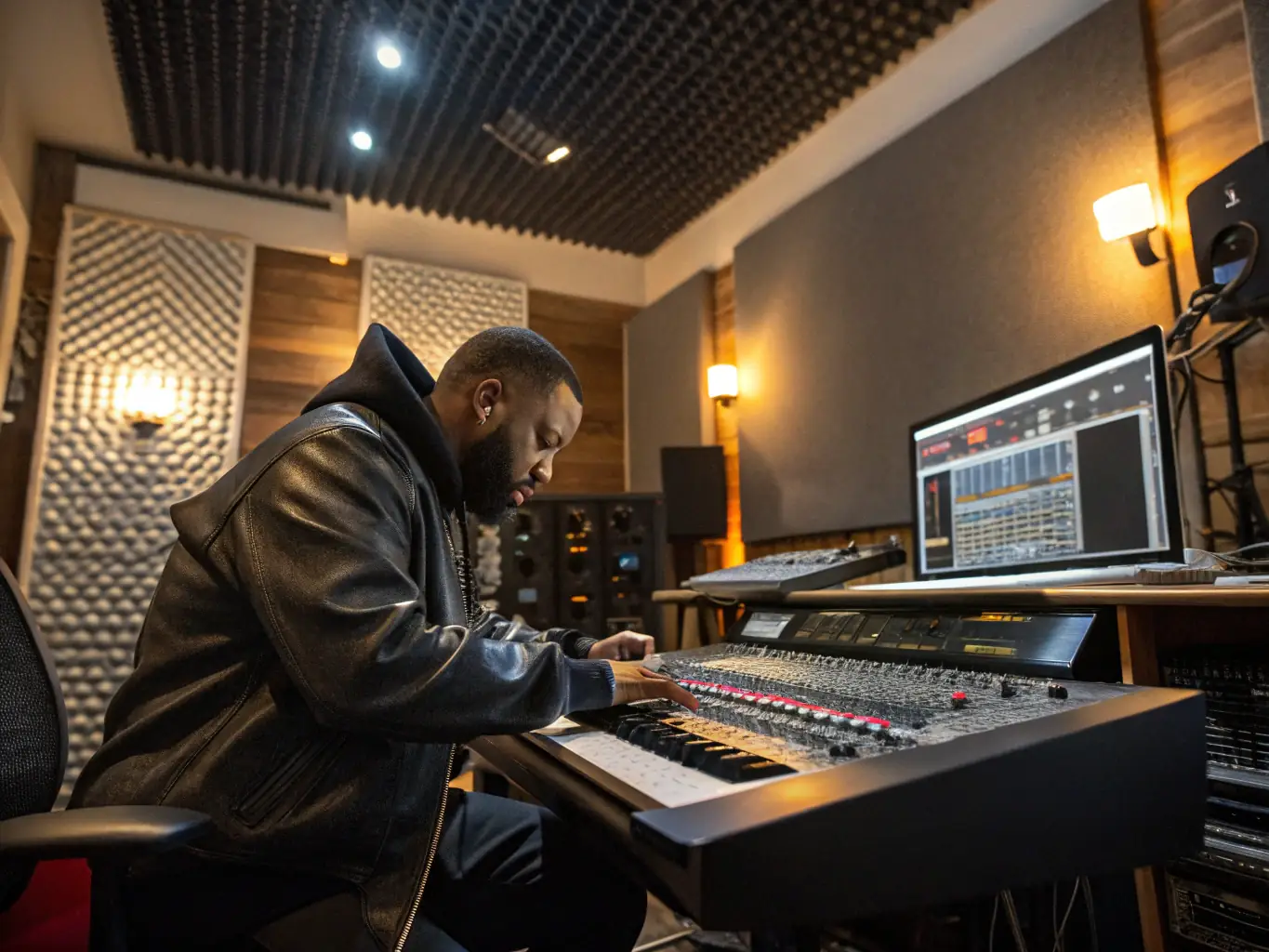 A musician setting up recording equipment in a professional-grade rehearsal space, with various instruments and soundproofing materials visible.